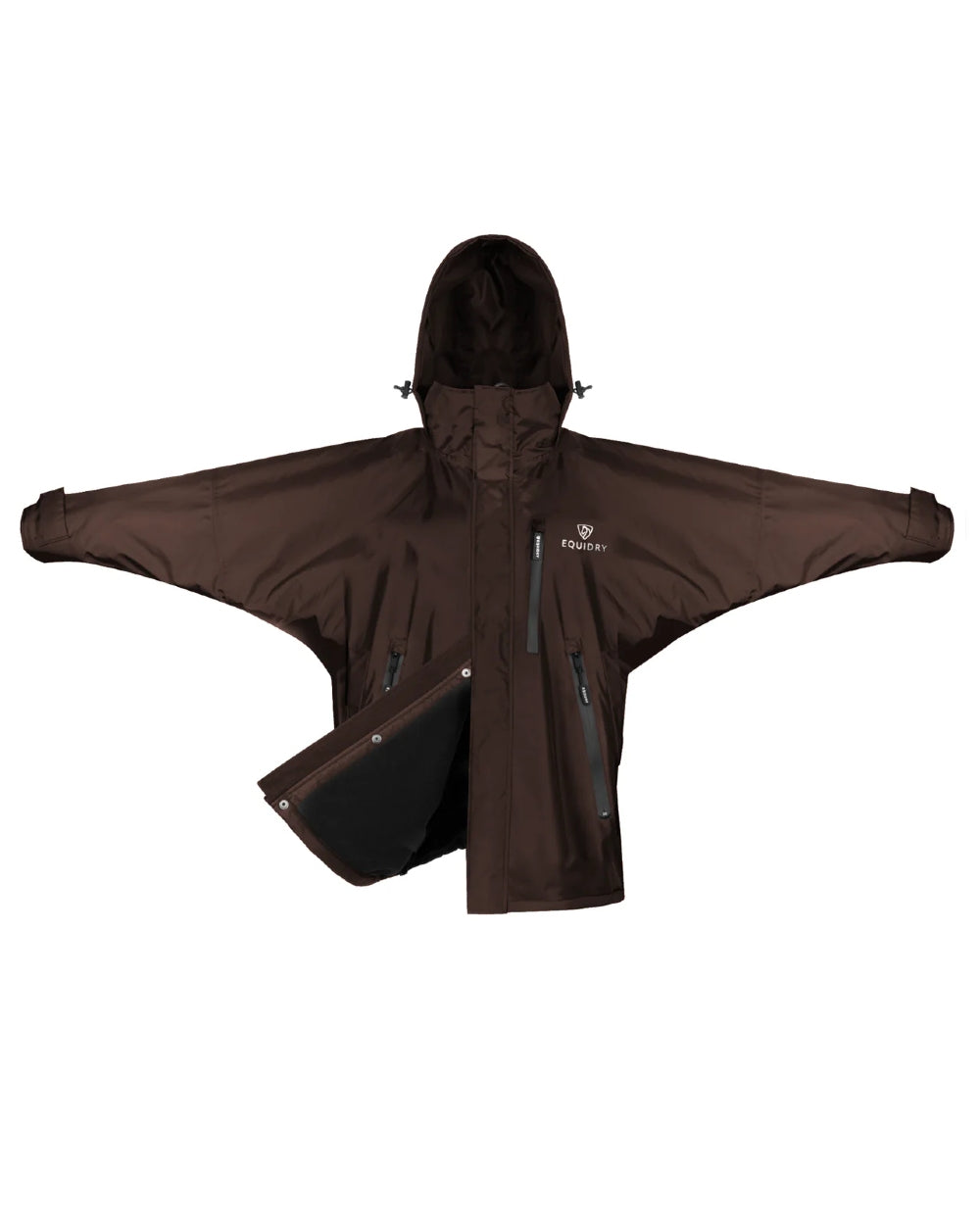 Rich Brown Equidry Womens Shortie Thin Fleece Jacket With Stowaway Hood on white background 