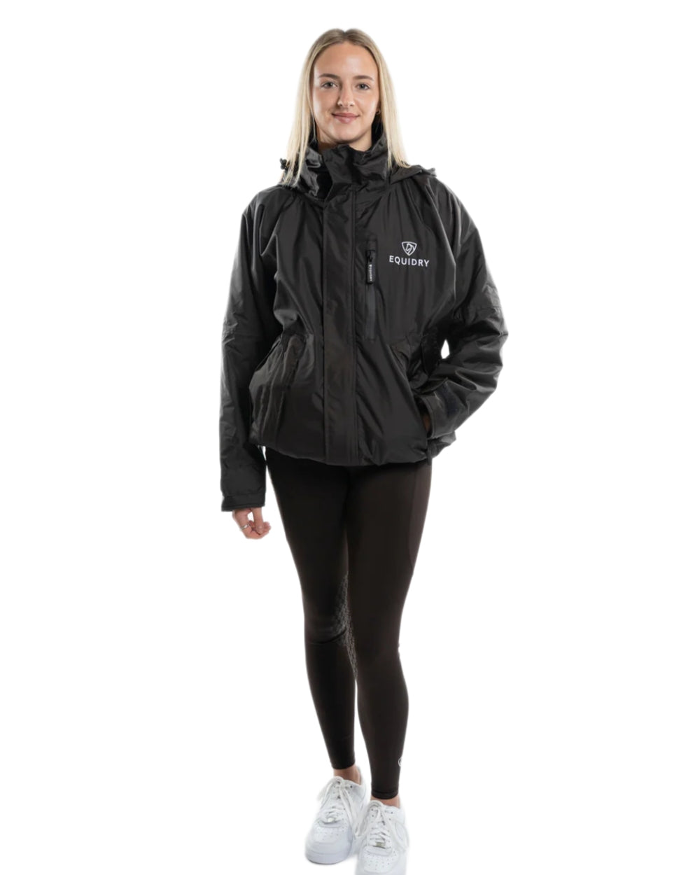 Rich Brown Equidry Womens Shortie Thin Fleece Jacket With Stowaway Hood on white background 