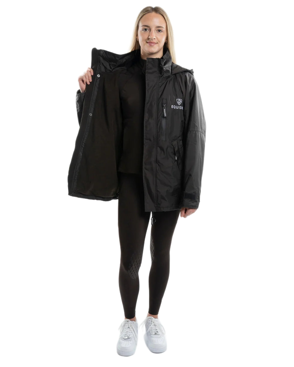 Rich Brown Equidry Womens Shortie Thin Fleece Jacket With Stowaway Hood on white background 