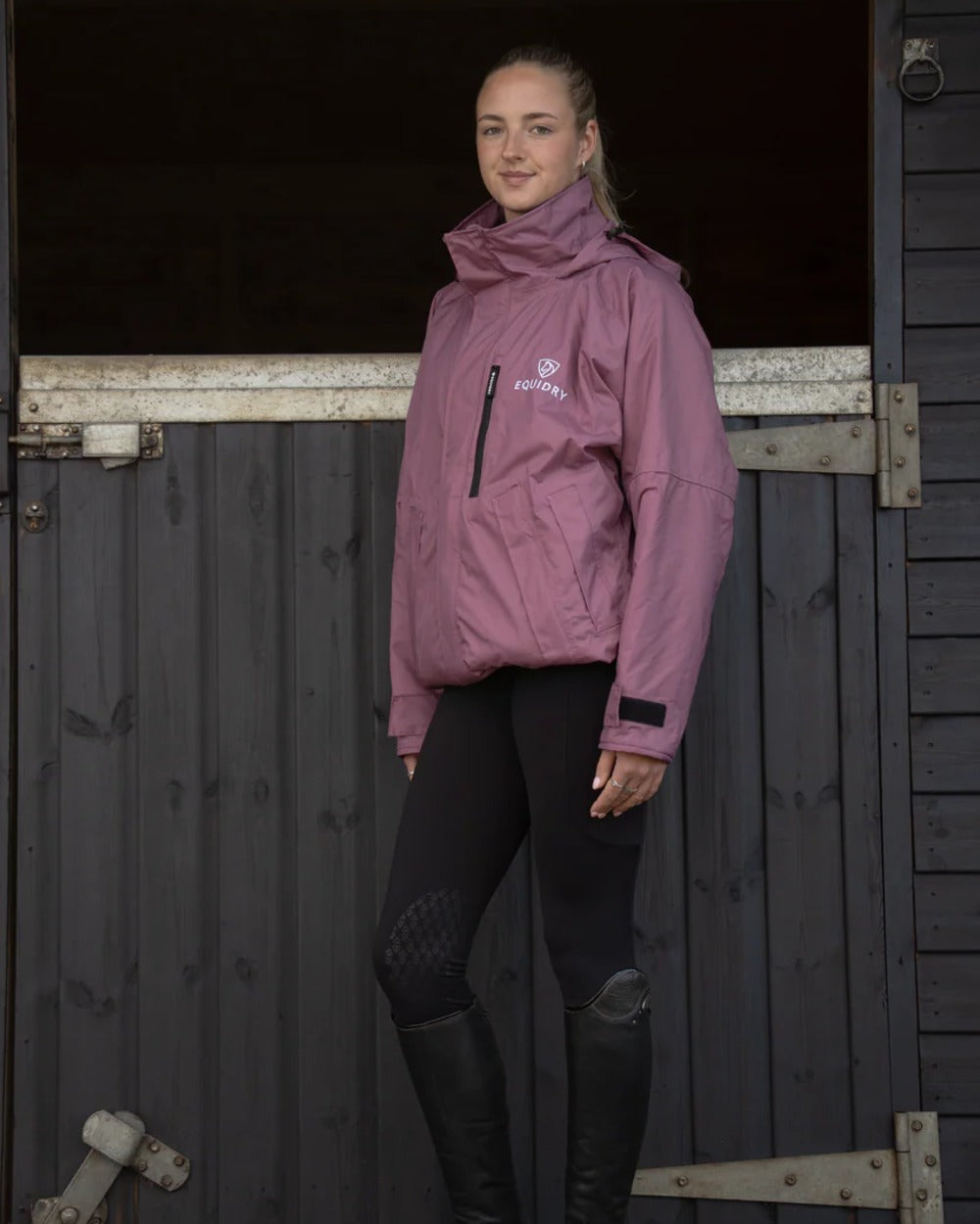 Rich Valerian Equidry Womens Shortie Thin Fleece Jacket With Stowaway Hood on outdoor background 