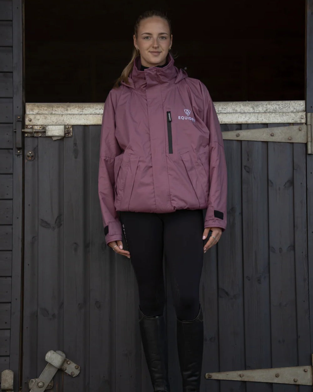 Rich Valerian Equidry Womens Shortie Thin Fleece Jacket With Stowaway Hood on outdoor background 