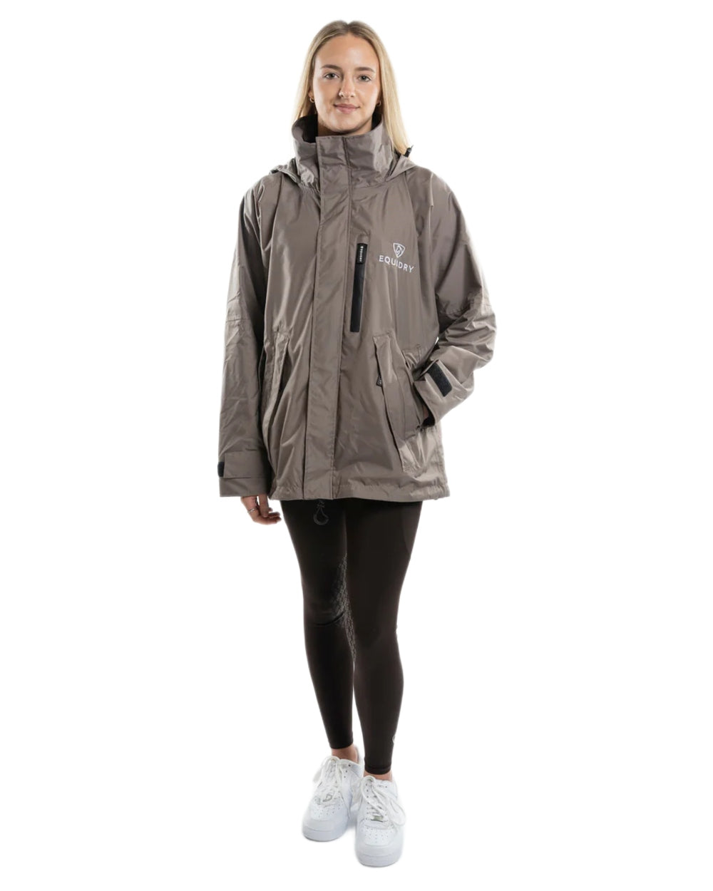 Taupe Equidry Womens Shortie Thin Fleece Jacket With Stowaway Hood on white background 