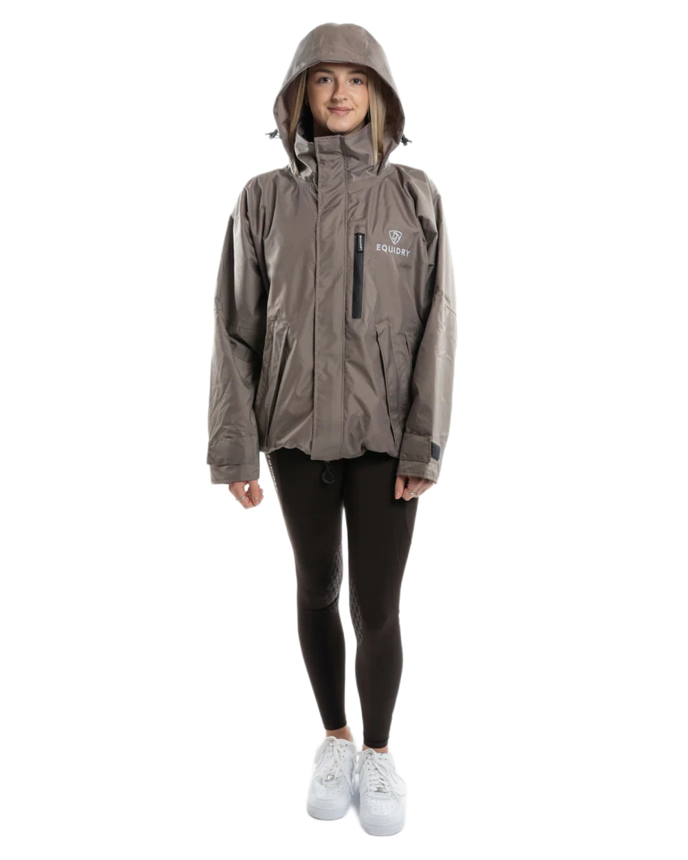 Taupe Equidry Womens Shortie Thin Fleece Jacket With Stowaway Hood on white background 