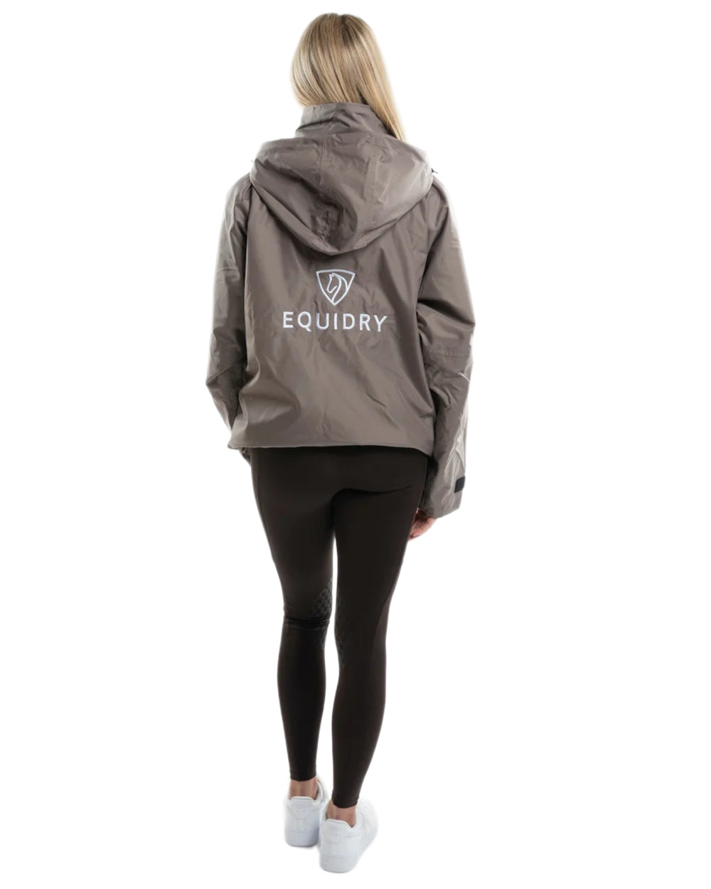 Taupe Equidry Womens Shortie Thin Fleece Jacket With Stowaway Hood on white background 