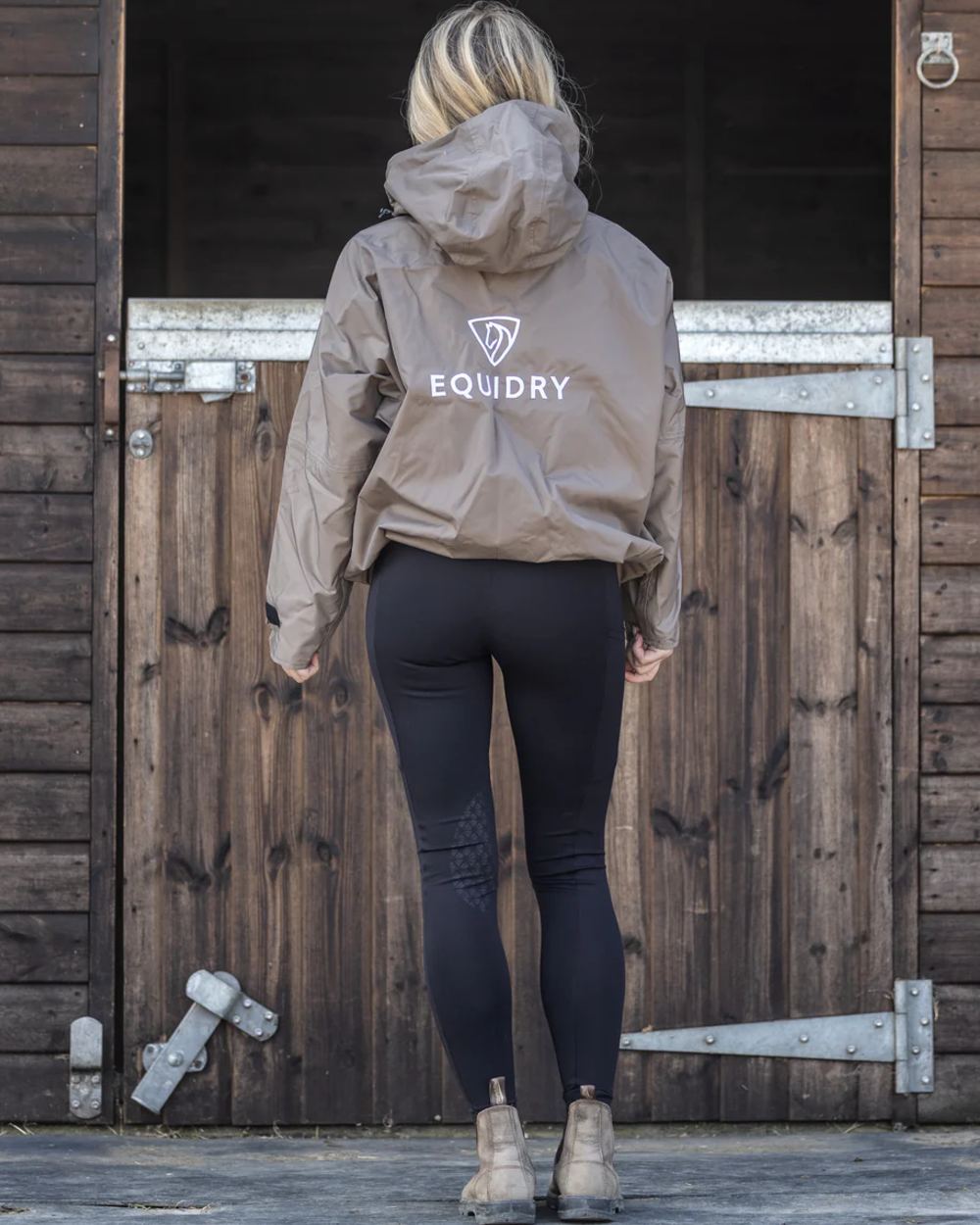 Taupe Equidry Womens Shortie Thin Fleece Jacket With Stowaway Hood on outdoor background 