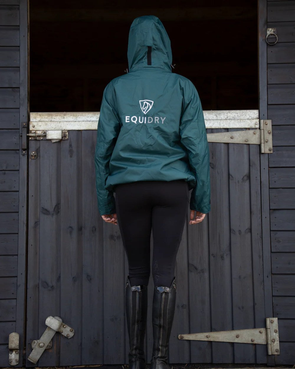 Teal Equidry Womens Shortie Thin Fleece Jacket With Stowaway Hood on outdoor background 