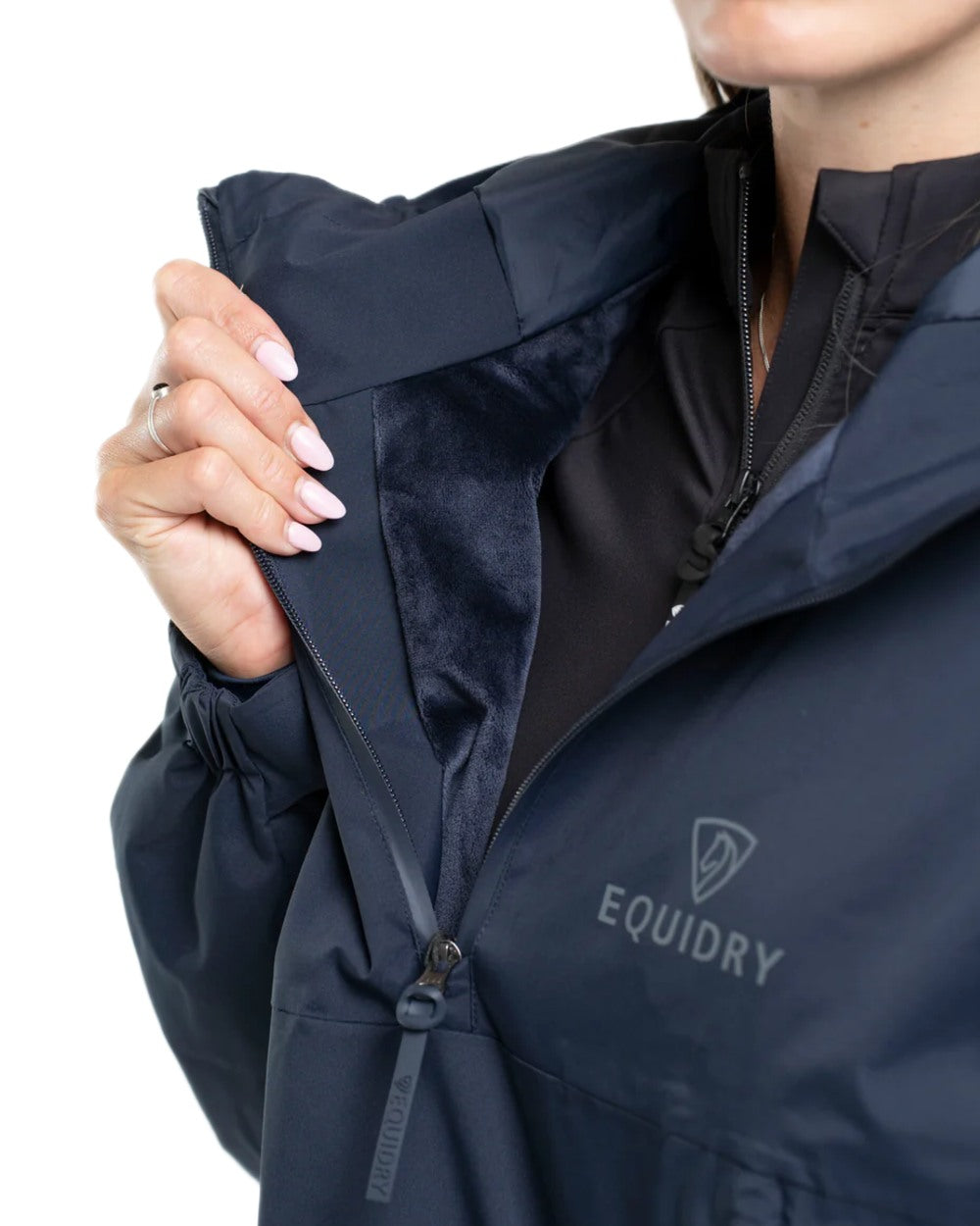 Navy coloured Equidry Womens Storm Smock With Velour Lining on white background 