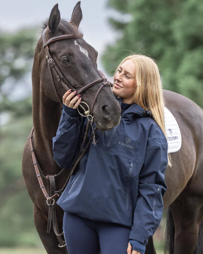 Navy coloured Equidry Womens Storm Smock With Velour Lining on outdoor background 