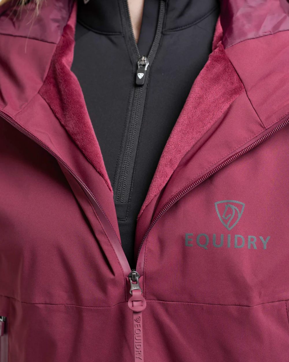 Plum coloured Equidry Womens Storm Smock With Velour Lining on white background 