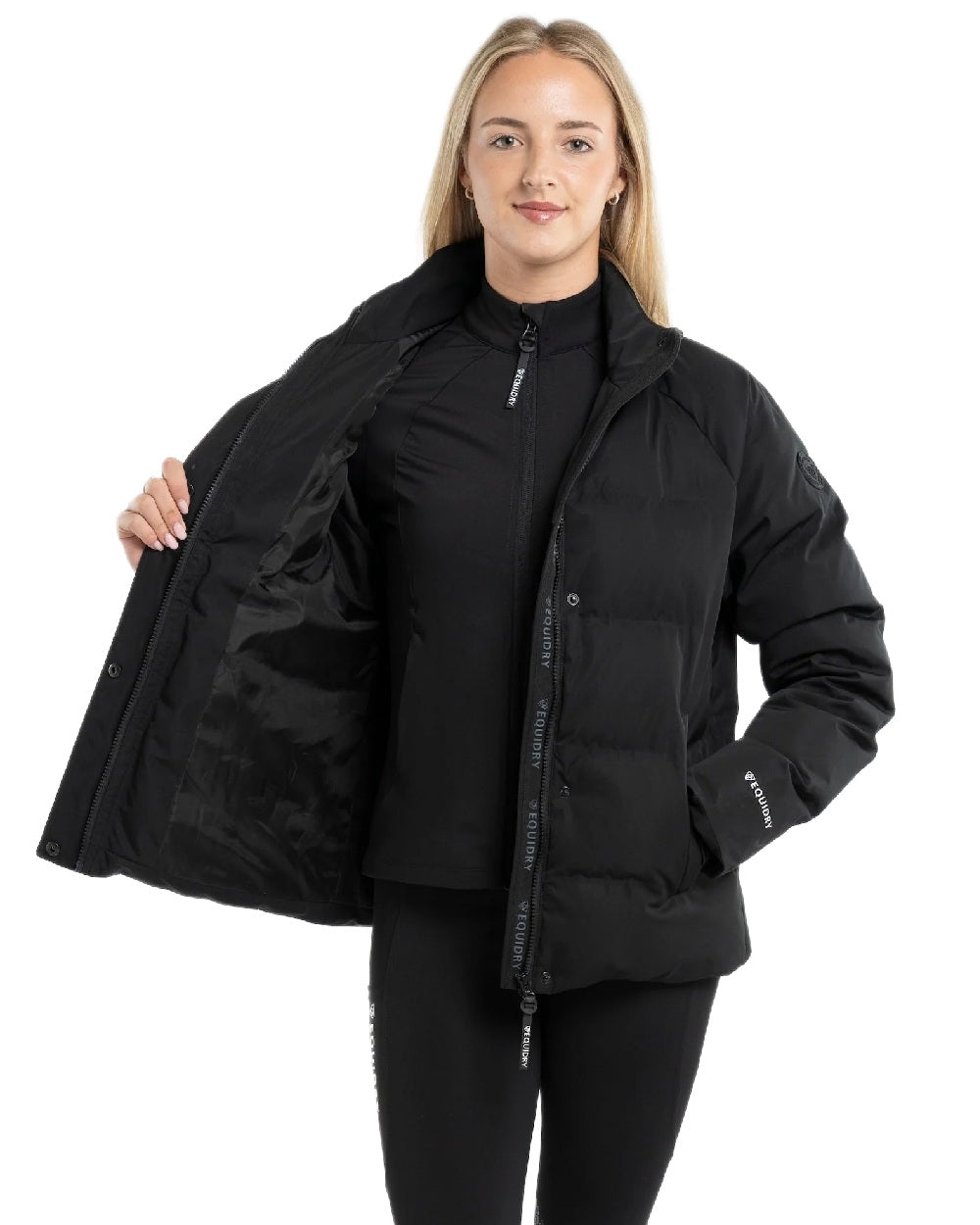 Black Coloured Equidry Womens Talia Waterproof Puffer Jacket on white background 