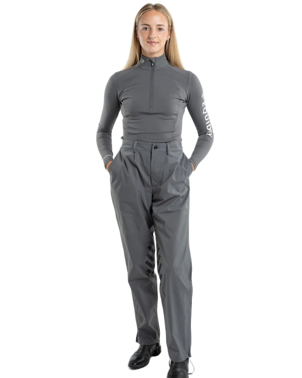 Charcoal coloured Equidry Womens Unlined Waterproof Trousers on white background 