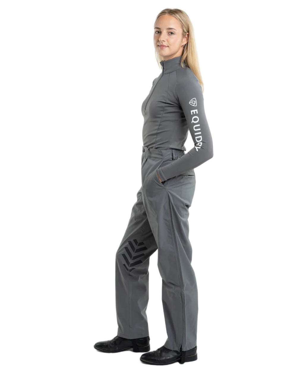 Charcoal coloured Equidry Womens Unlined Waterproof Trousers on white background 