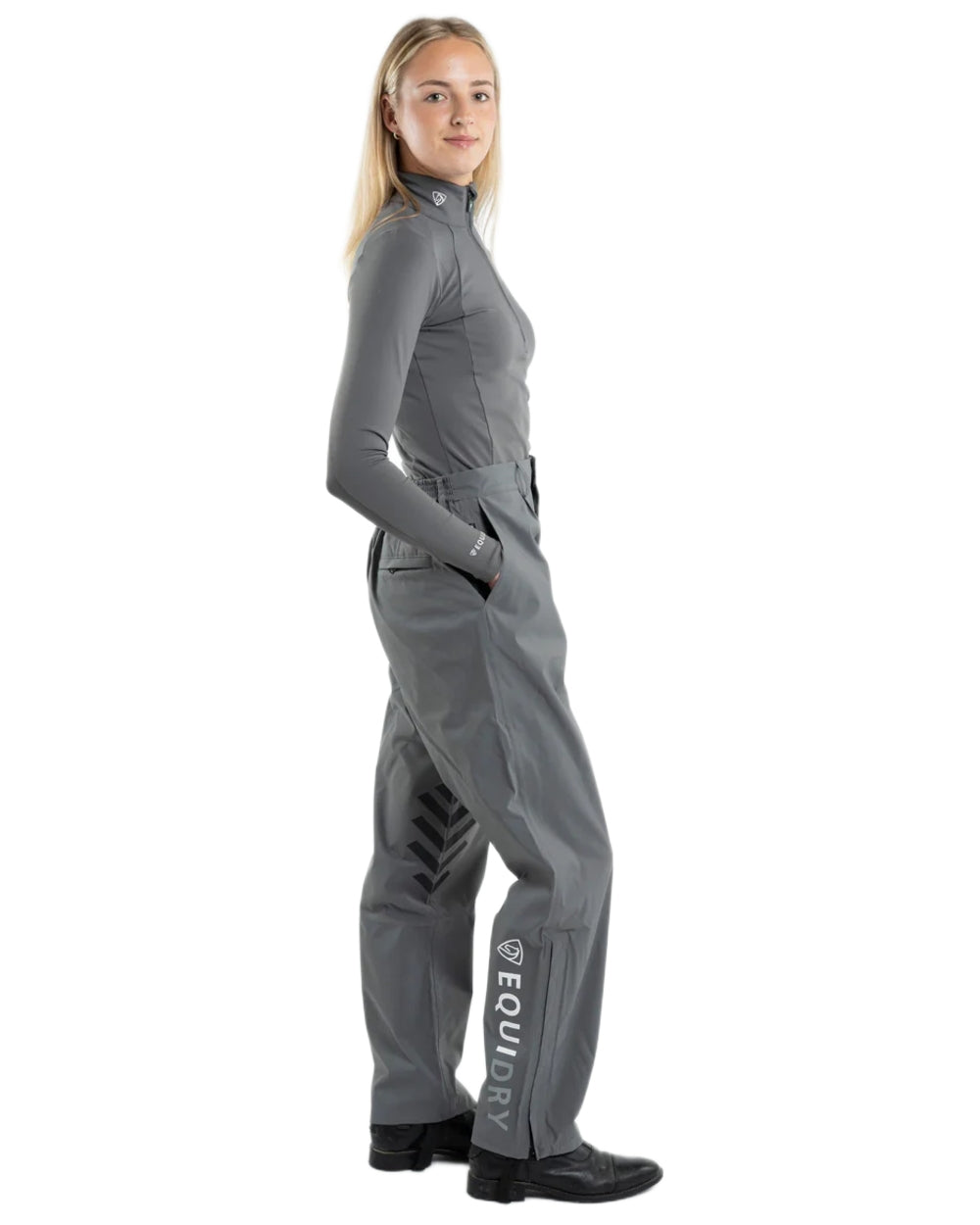 Charcoal coloured Equidry Womens Unlined Waterproof Trousers on white background 