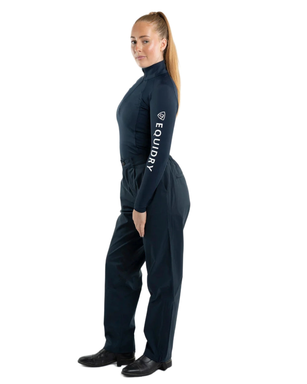 Navy coloured Equidry Womens Unlined Waterproof Trousers on white background 