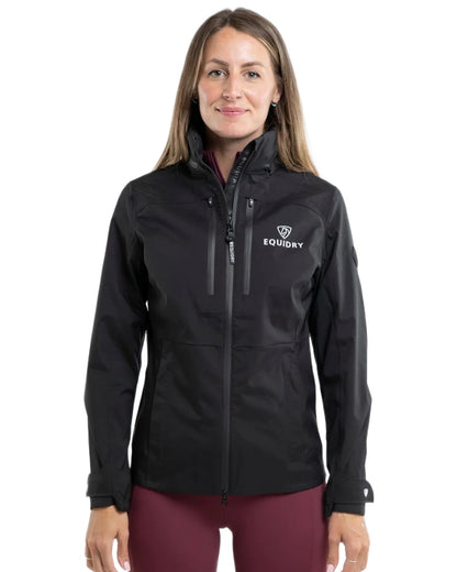 Black coloured Equidry Womens Varsha Jacket with Stowaway Hood on white background 