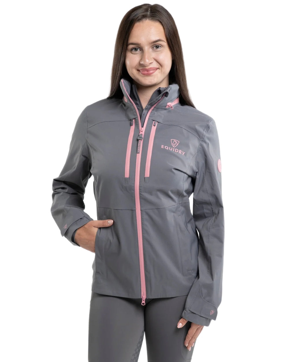 Charcoal Pink coloured Equidry Womens Varsha Jacket with Stowaway Hood on white background 