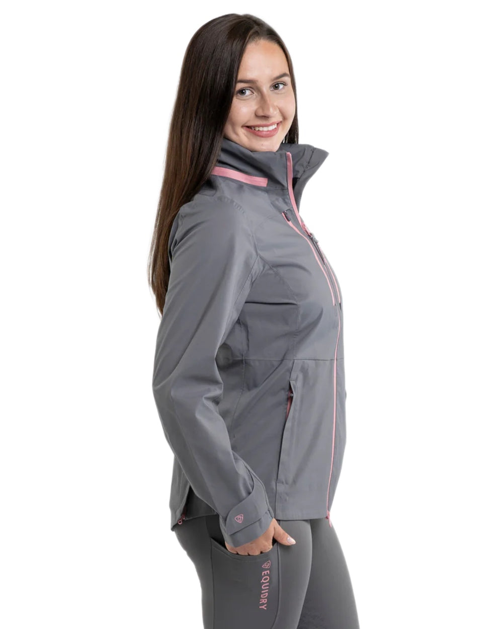 Charcoal Pink coloured Equidry Womens Varsha Jacket with Stowaway Hood on white background 