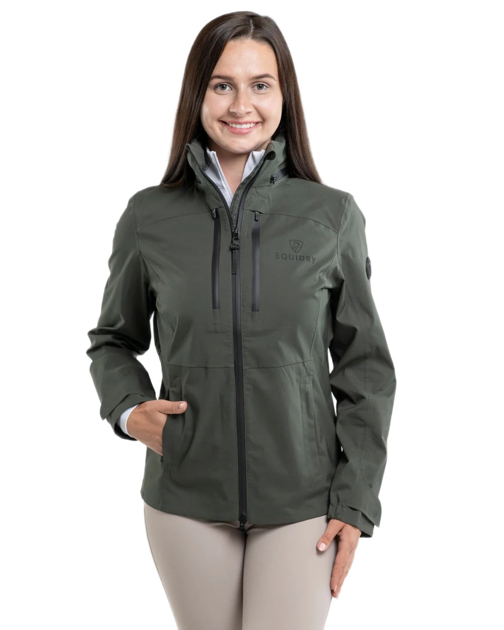 Khaki coloured Equidry Womens Varsha Jacket with Stowaway Hood on white background 
