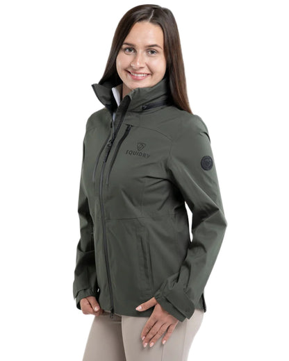 Khaki coloured Equidry Womens Varsha Jacket with Stowaway Hood on white background 