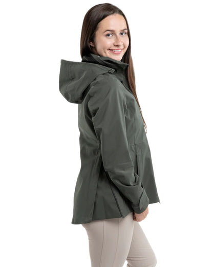 Khaki coloured Equidry Womens Varsha Jacket with Stowaway Hood on white background 
