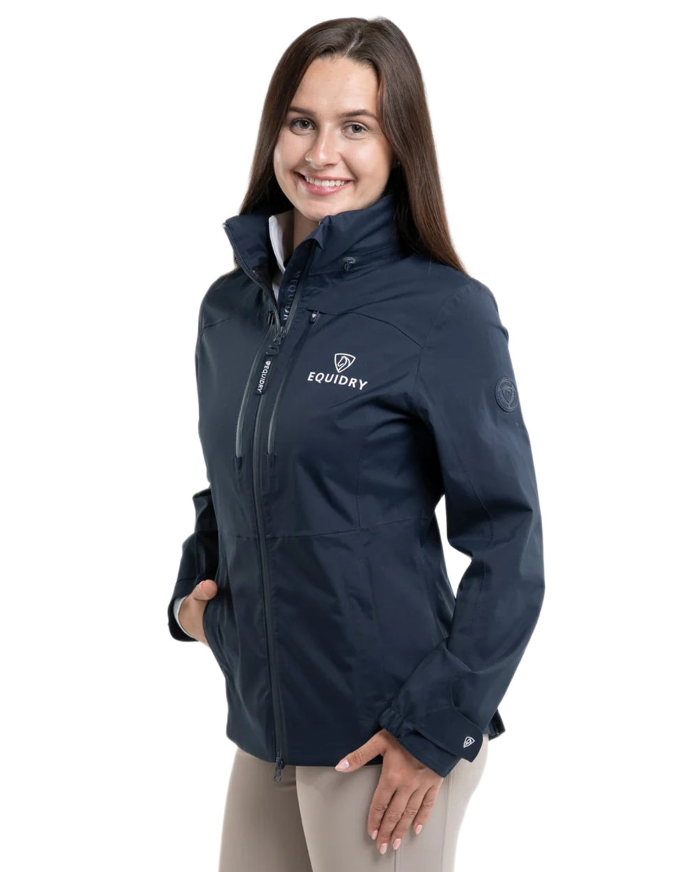 Navy coloured Equidry Womens Varsha Jacket with Stowaway Hood on white background 