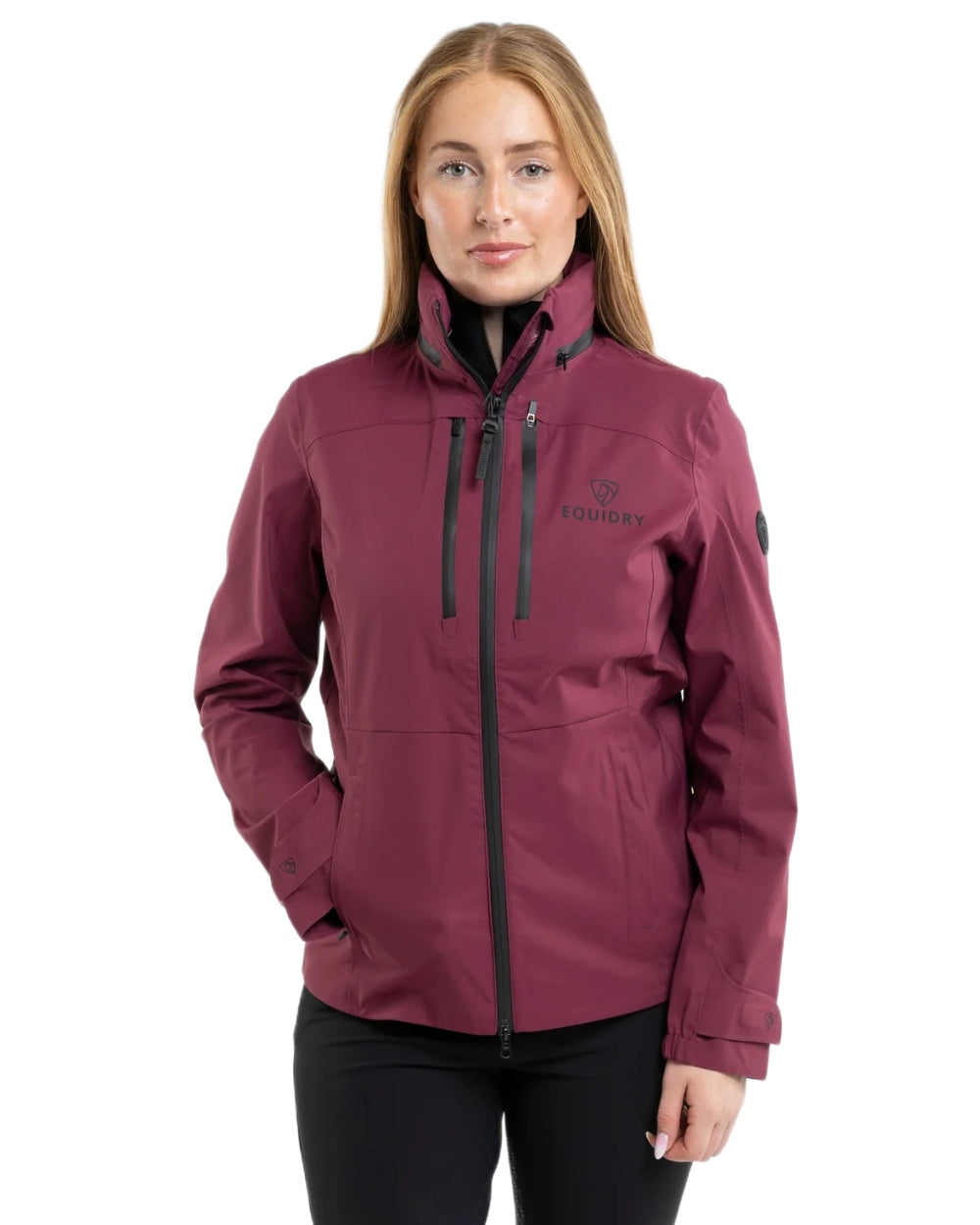 Plum coloured Equidry Womens Varsha Jacket with Stowaway Hood on white background 