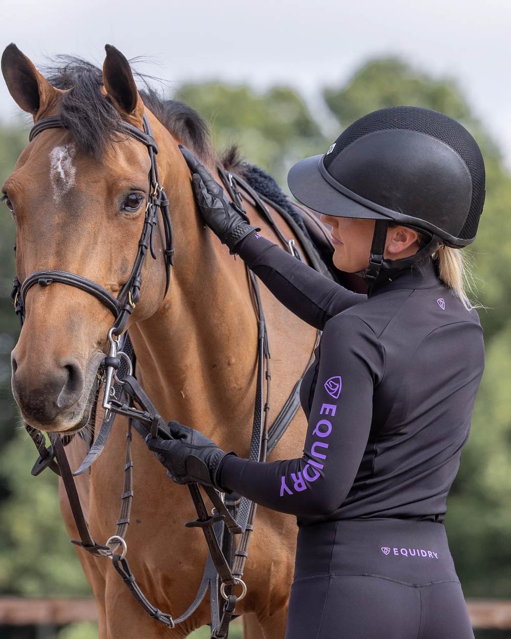 Black Lilac Coloured Equidry Womens Water Repellent Base Layer on outdoor background 