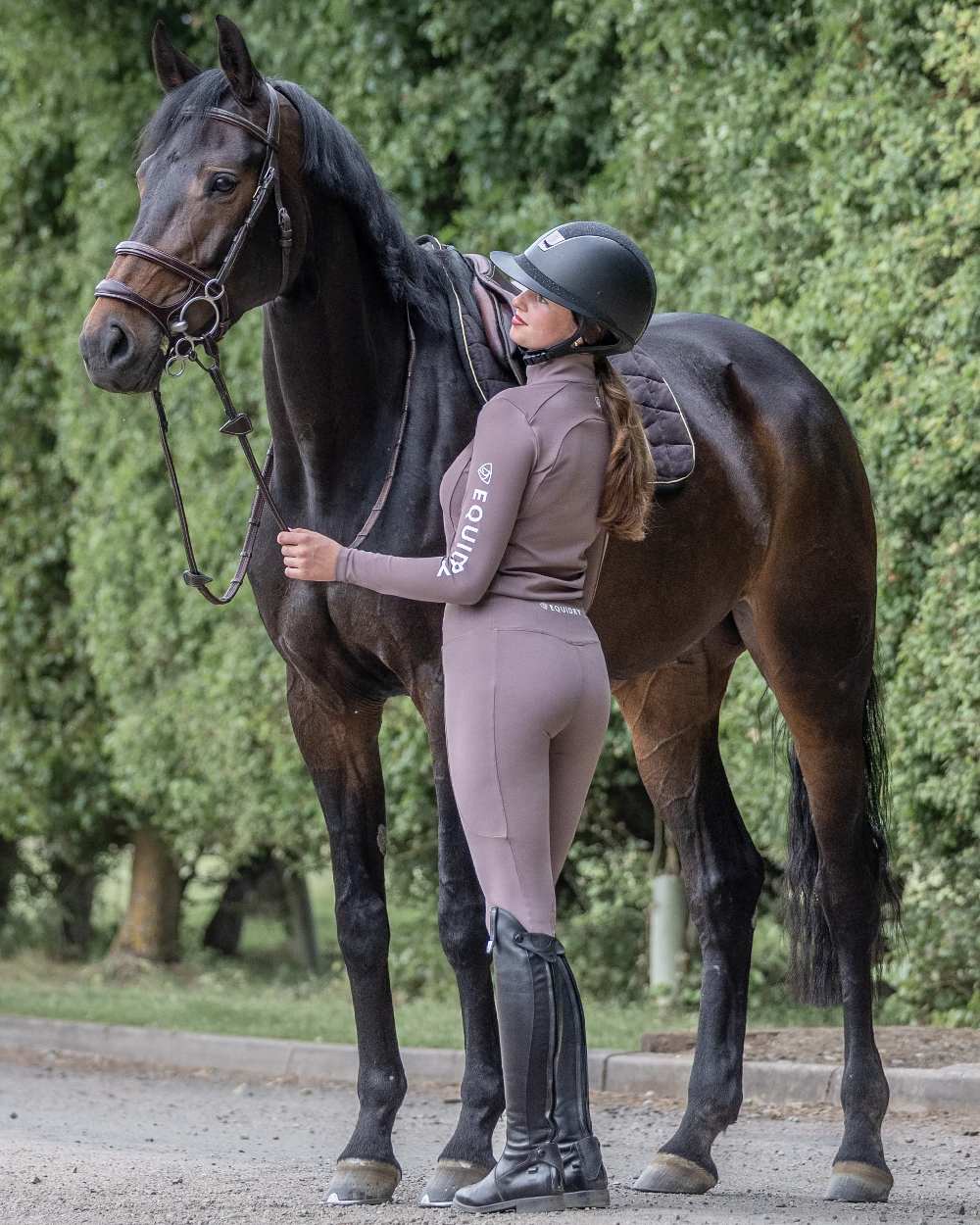 Mocha White Coloured Equidry Womens Water Repellent Base Layer on outdoor background 