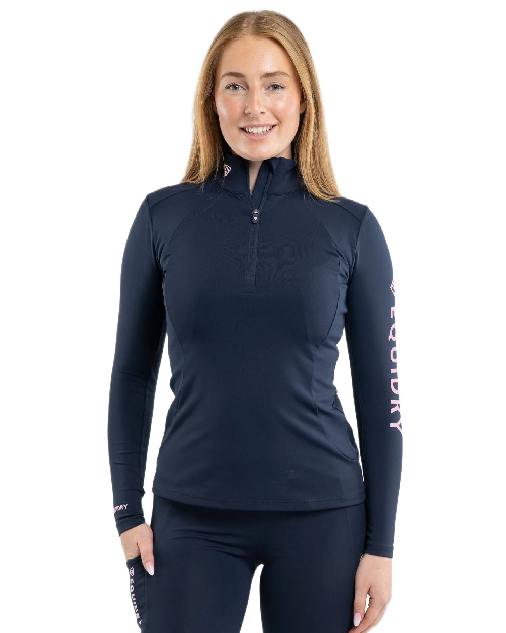 Navy Pale Pink Coloured Equidry Womens Water Repellent Base Layer on white background 