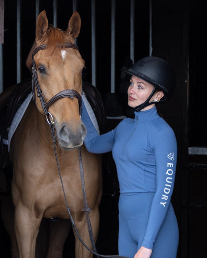 Steel Blue Grey Coloured Equidry Womens Water Repellent Base Layer on outdoor background 