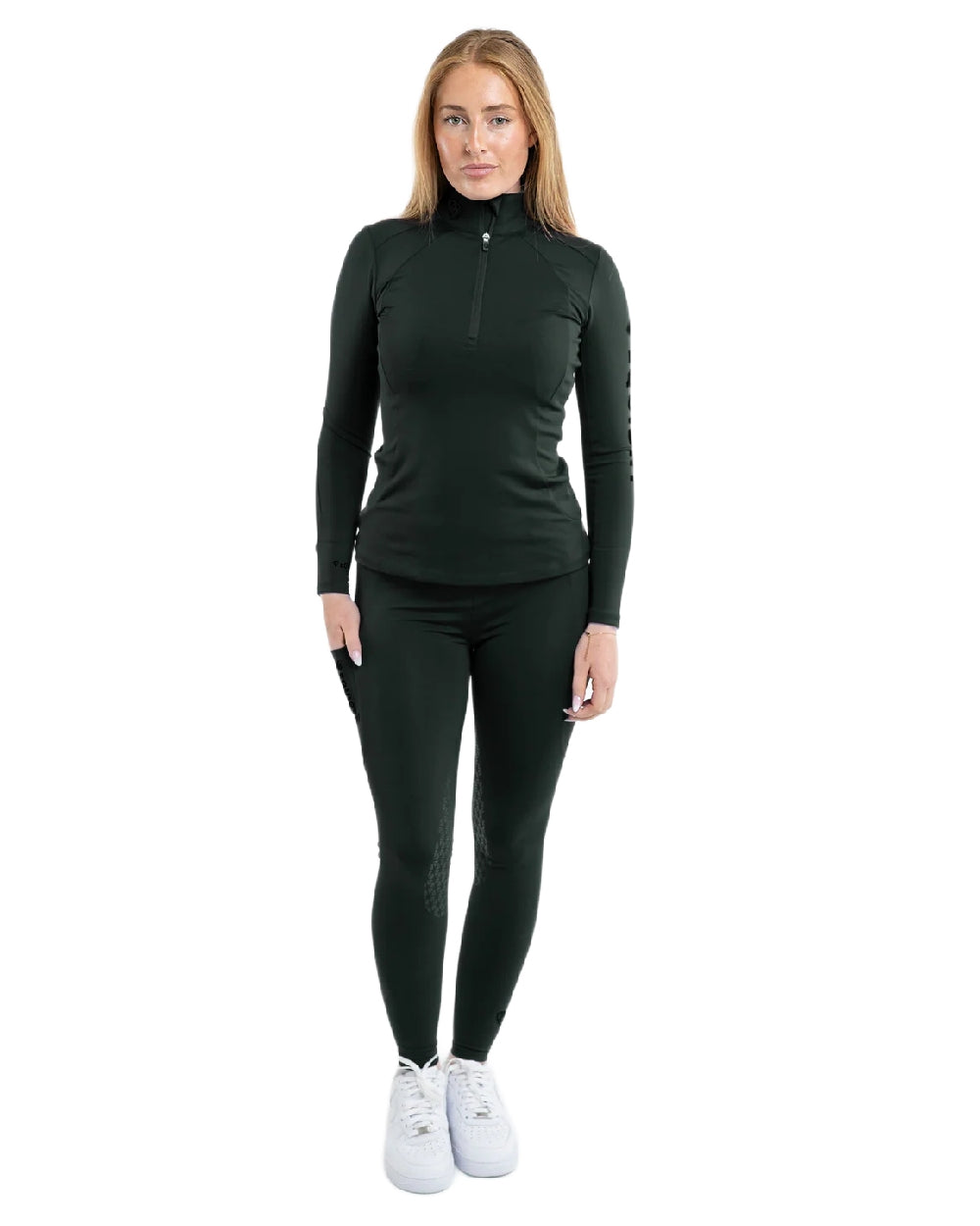 Black Forest Green Black  Coloured Equidry Womens Water Repellent Full Seat Leggings on white background 