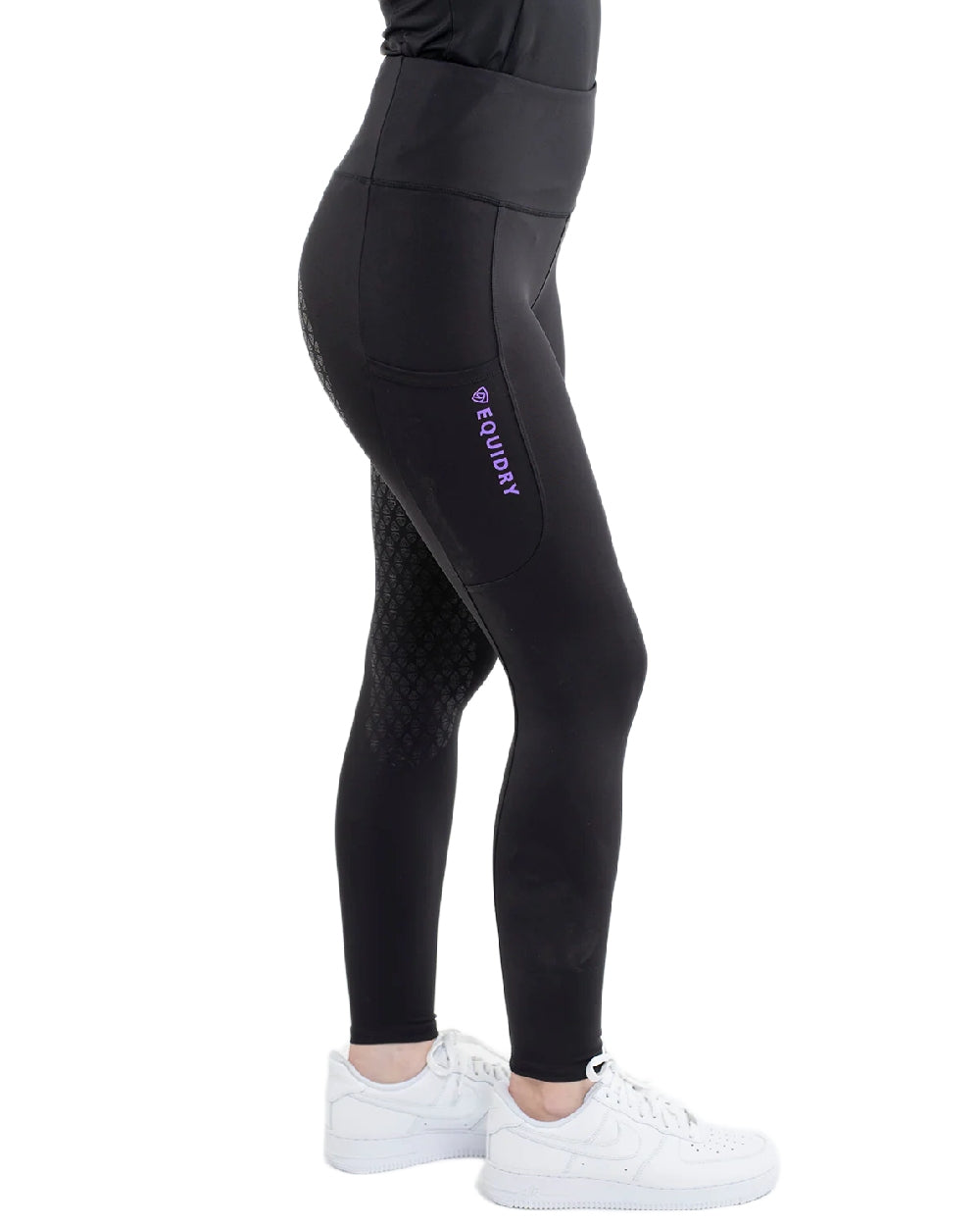 Black Lilac Coloured Equidry Womens Water Repellent Full Seat Leggings on white background 
