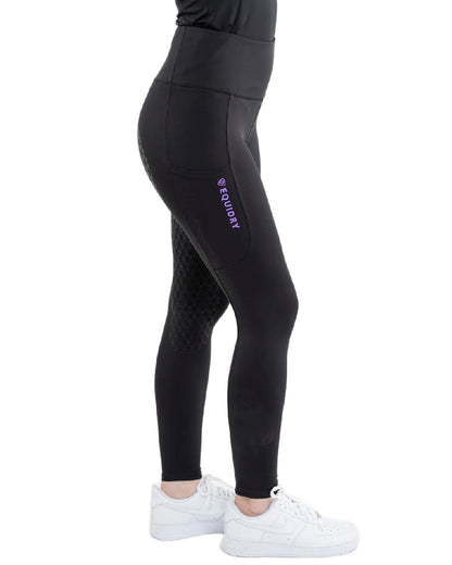Black Lilac Coloured Equidry Womens Water Repellent Full Seat Leggings on white background 