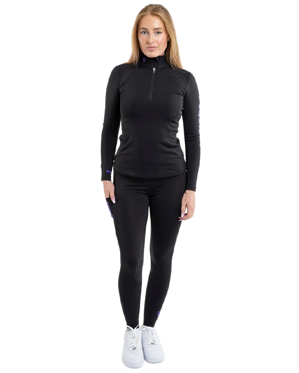 Black Lilac Coloured Equidry Womens Water Repellent Full Seat Leggings on white background 