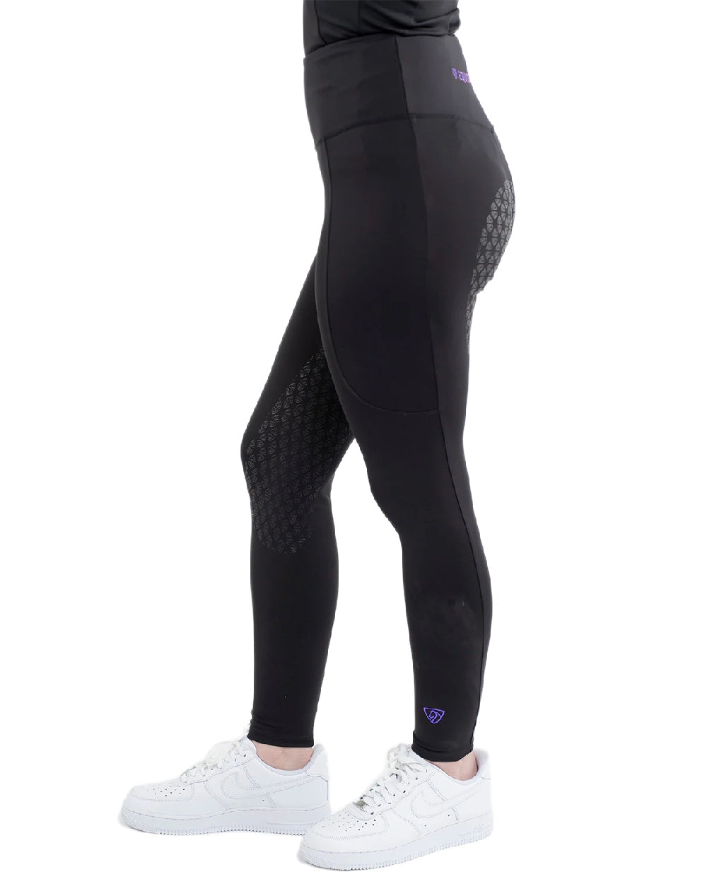 Black Lilac Coloured Equidry Womens Water Repellent Full Seat Leggings on white background 