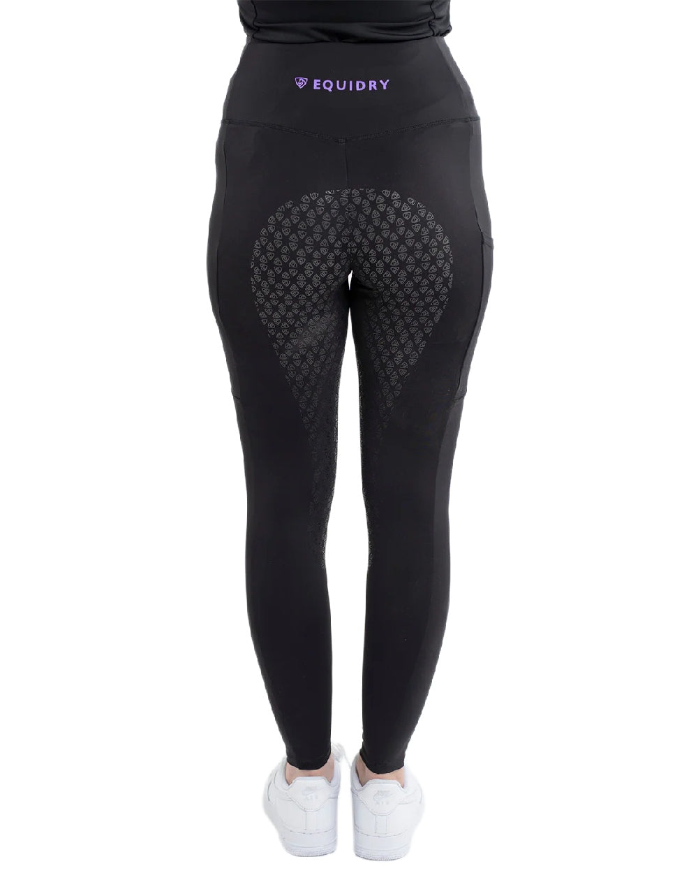 Black Lilac Coloured Equidry Womens Water Repellent Full Seat Leggings on white background 