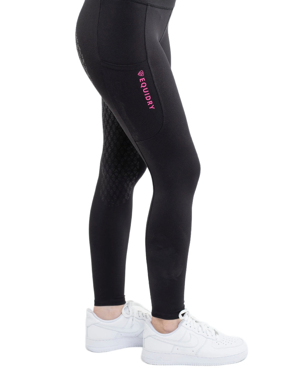 Black Pink Coloured Equidry Womens Water Repellent Full Seat Leggings on white background 