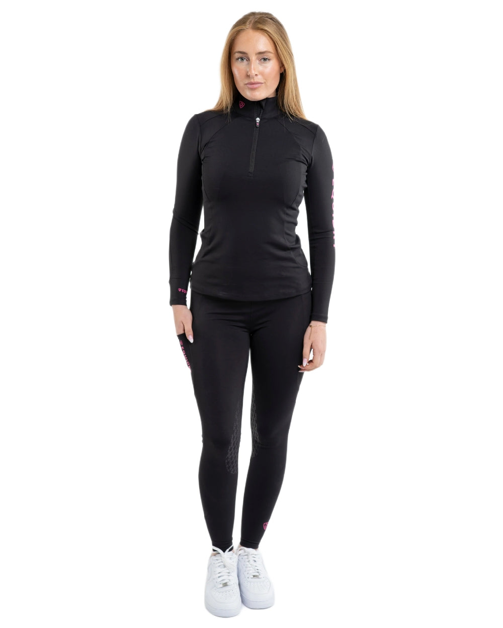 Black Pink Coloured Equidry Womens Water Repellent Full Seat Leggings on white background 