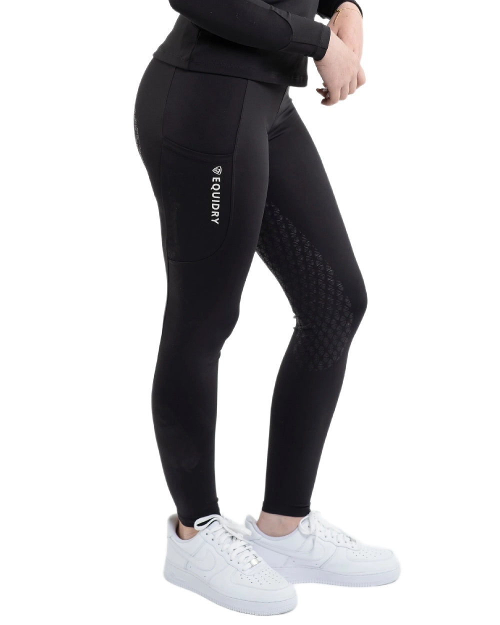 Black White Coloured Equidry Womens Water Repellent Full Seat Leggings on white background 