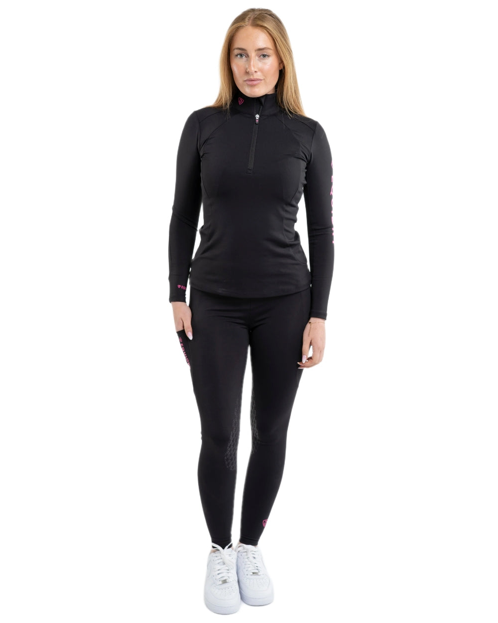 Black White Coloured Equidry Womens Water Repellent Full Seat Leggings on white background 