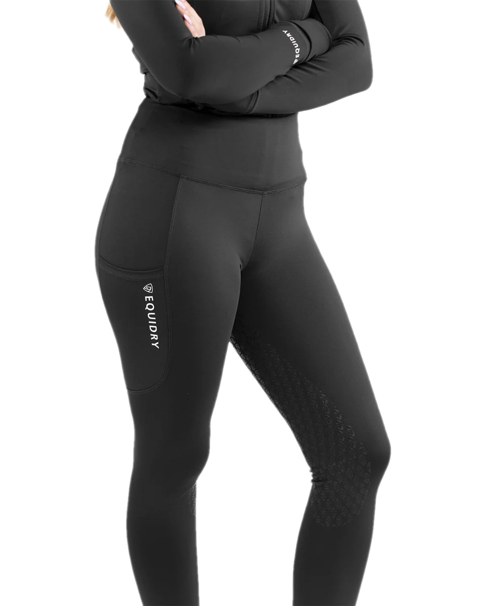 Black White Coloured Equidry Womens Water Repellent Full Seat Leggings on white background 