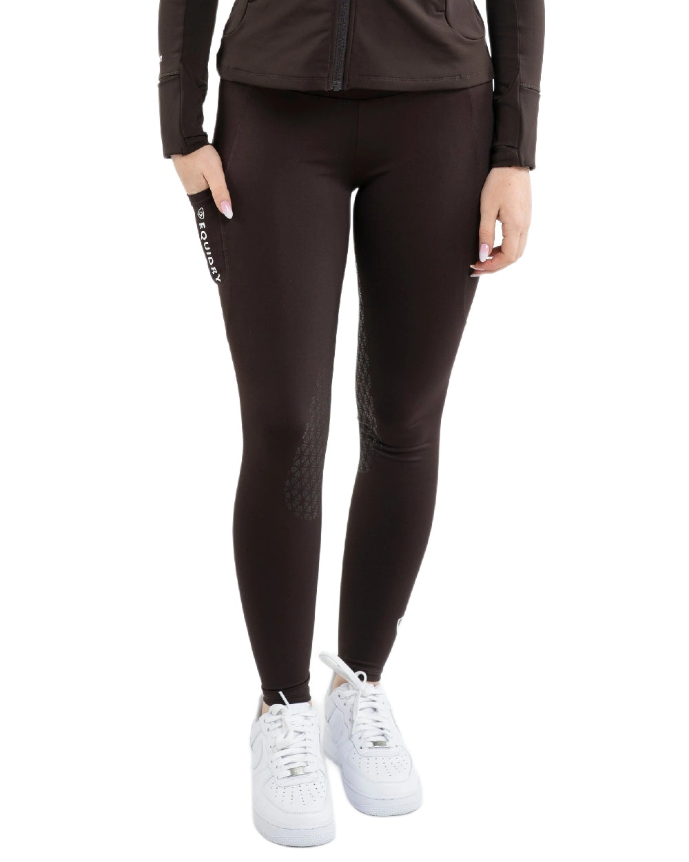 Brown White Coloured Equidry Womens Water Repellent Full Seat Leggings on white background 