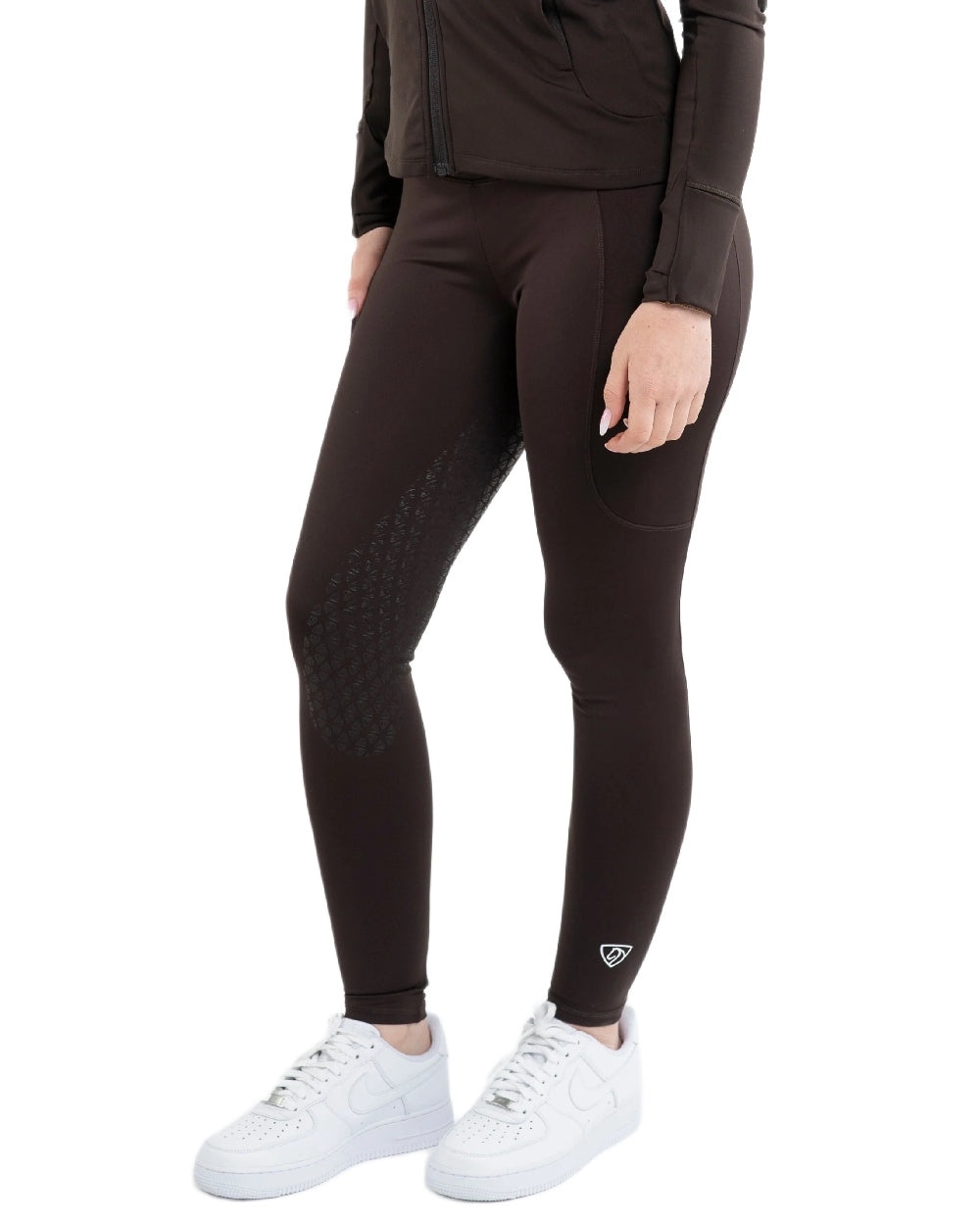 Brown White Coloured Equidry Womens Water Repellent Full Seat Leggings on white background 