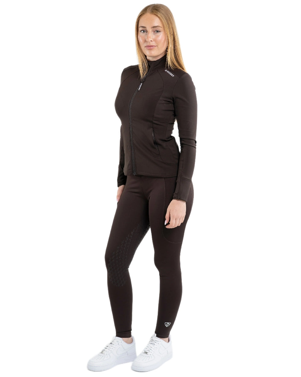 Brown White Coloured Equidry Womens Water Repellent Full Seat Leggings on white background 