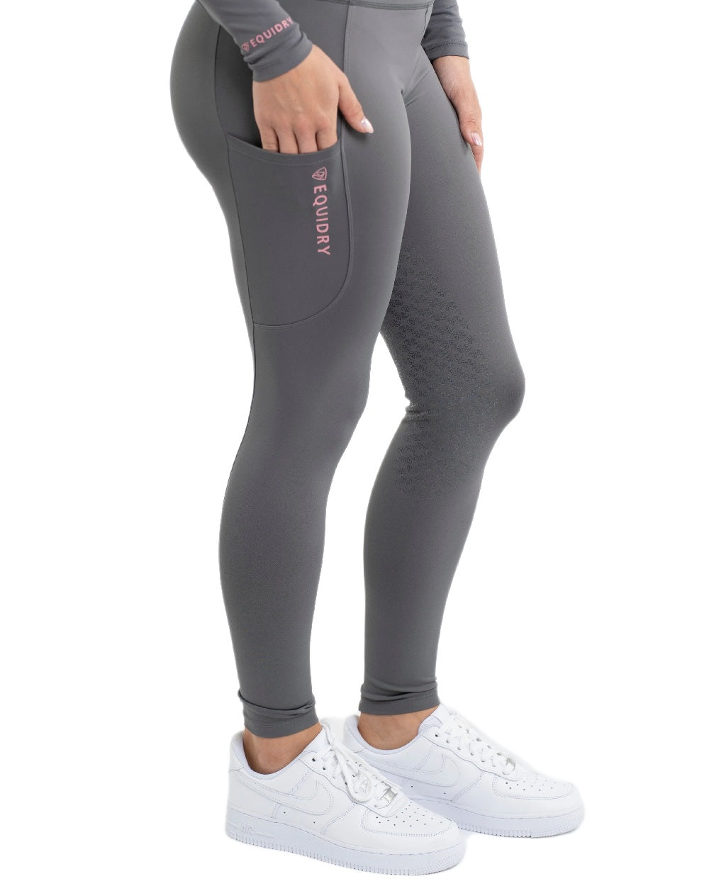 Grey Pale Pink Coloured Equidry Womens Water Repellent Full Seat Leggings on white background 