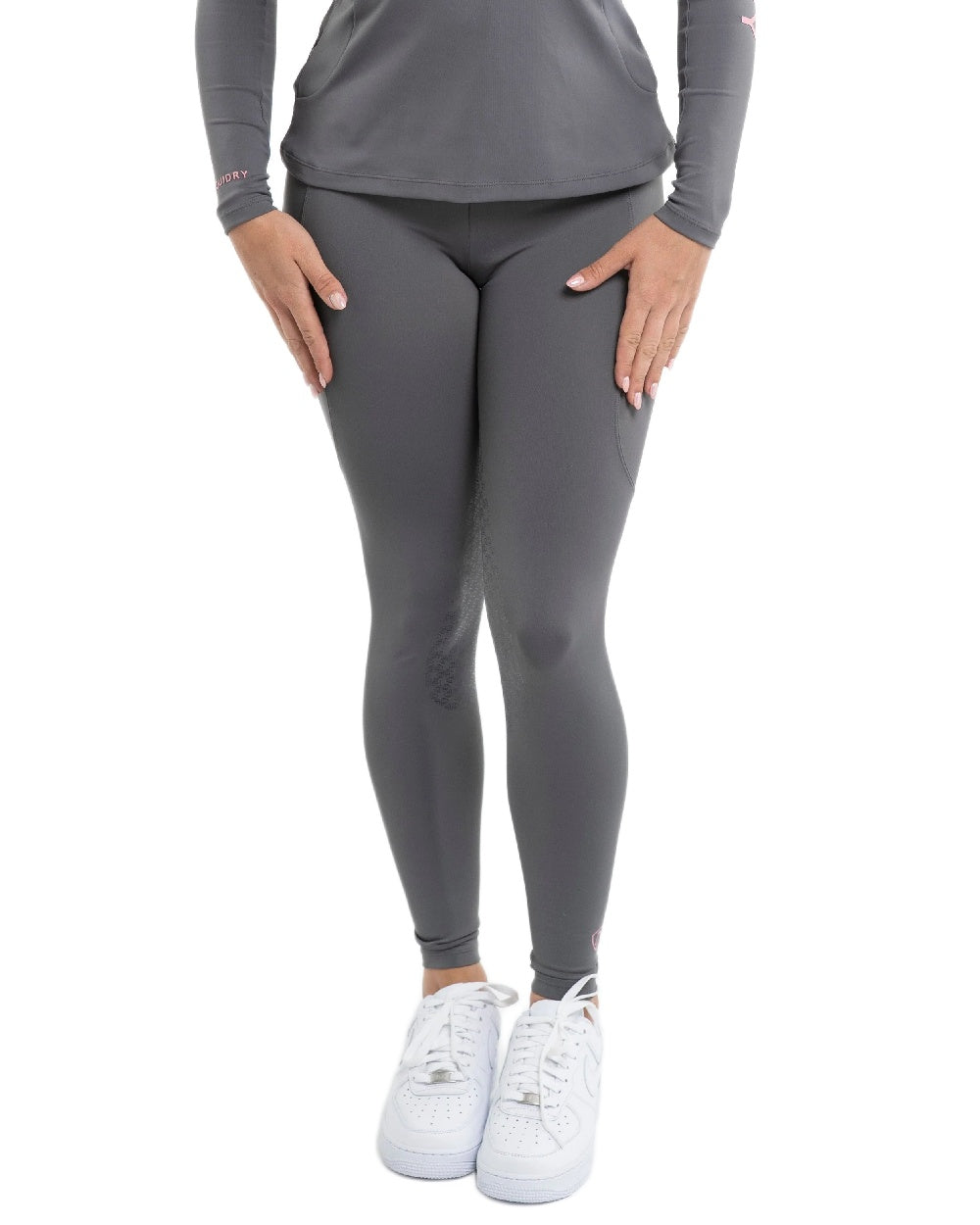 Grey Pale Pink Coloured Equidry Womens Water Repellent Full Seat Leggings on white background 