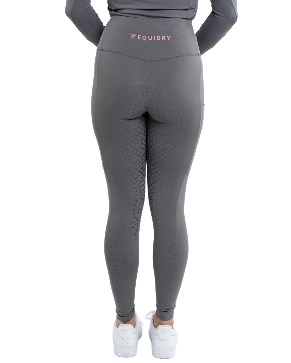Grey Pale Pink Coloured Equidry Womens Water Repellent Full Seat Leggings on white background 