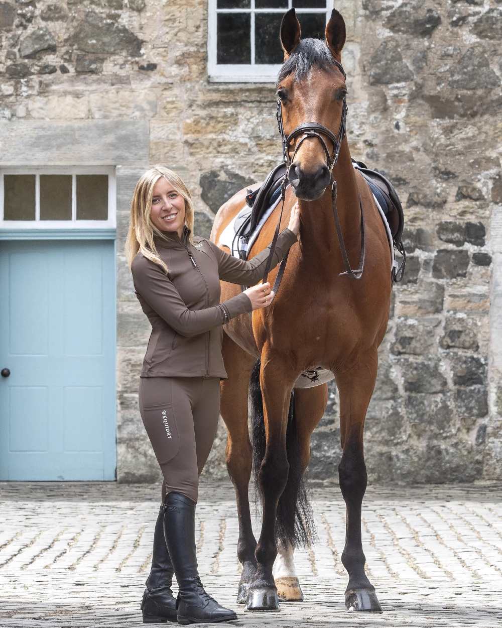 Mocha White Coloured Equidry Womens Water Repellent Full Seat Leggings on outdoor background 