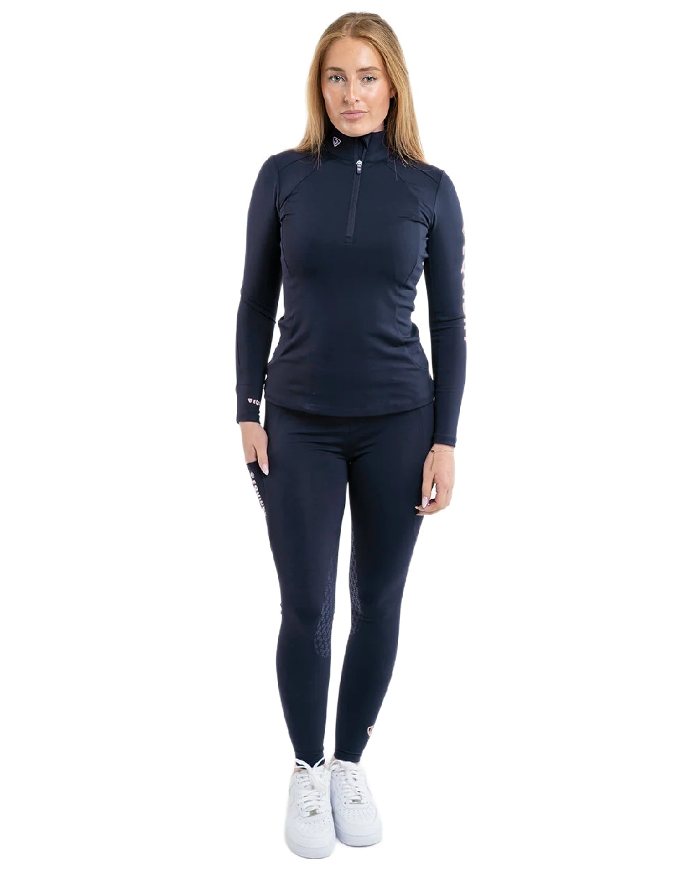 Navy Pink Coloured Equidry Womens Water Repellent Full Seat Leggings on white background 