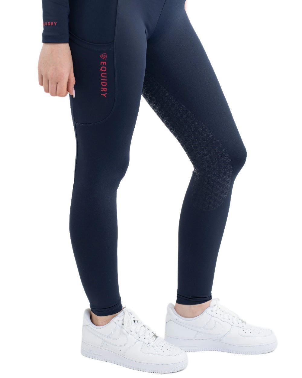 Navy Raspberry Coloured Equidry Womens Water Repellent Full Seat Leggings on white background 